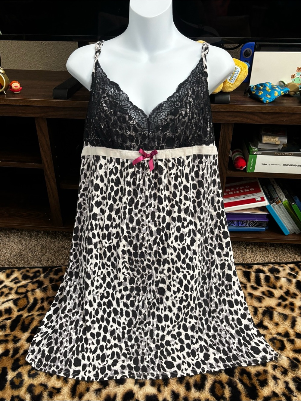 Y2K Black Lace & Leopard Print Women's Baby Doll Chemise with Pink Bow